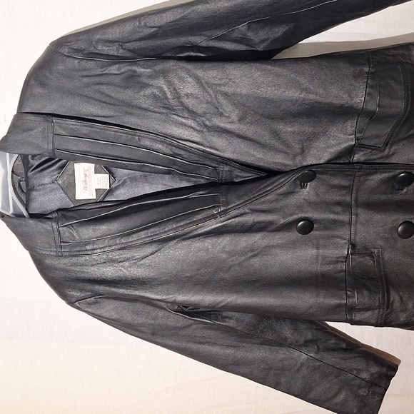 Vintage Black Leather Coat, Long Double Breasted, Worthington, Sz 4 NWOT - Picture 3 of 12